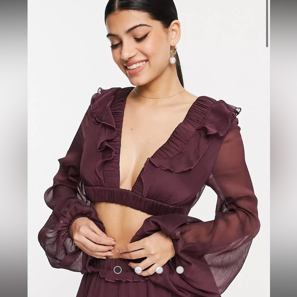 NEW chiffon crop top with elastic waist and lace up back in burgundy